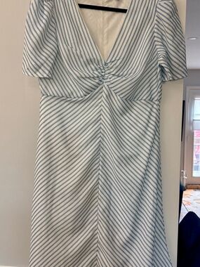 Blue & White Striped V-Neck Midi Dress